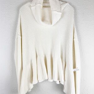 Free People Ivory Thick Knit Ruffle Hem Turtle Neck Sweater Small